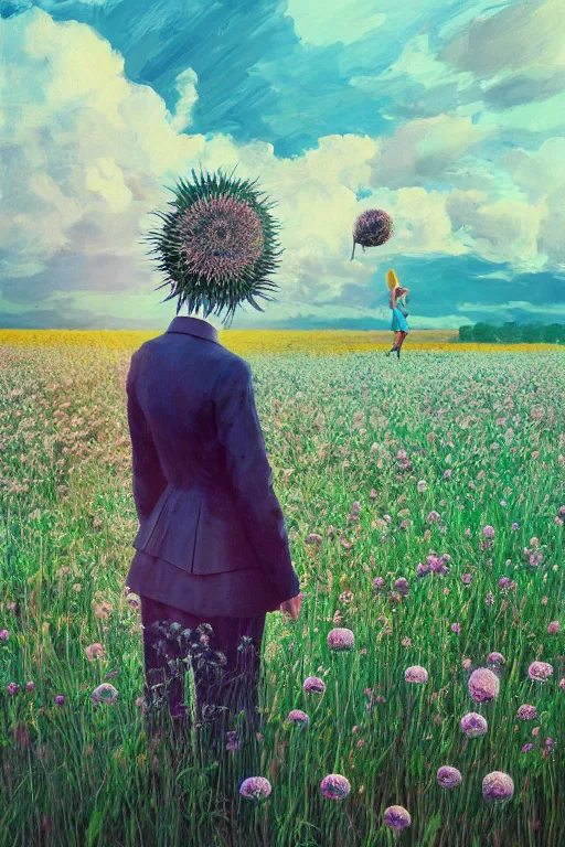 Prompt: portrait, giant thistle flower under head, girl in a suit in field of flowers, surreal photography, sunrise, blue sky, dramatic light, impressionist painting, digital painting, artstation, simon stalenhag
