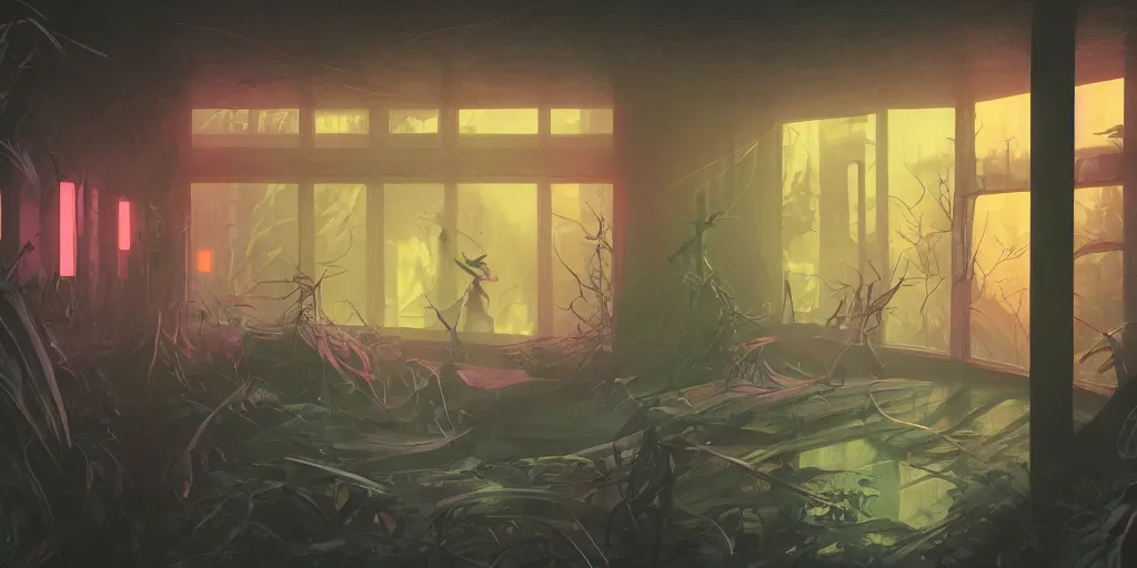 Image similar to 90s interior with organic windows, forest outside, in the style of Peter Chung, figures, bright fluorescent lights, neon colors, cinematic, cyberpunk, smooth, chrome, lofi, nebula, calming, dramatic, fantasy, by Moebius, by zdzisław beksiński, fantasy LUT, studio ghibli, high contrast, epic composition, sci-fi, dreamlike, surreal, angelic, 8k, unreal engine, hyper realistic, fantasy concept art,