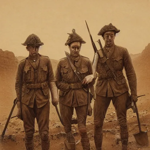 Image similar to ultra detailed photorealistic sepia - toned painting from 1 9 1 7, three british soldiers standing at an archaeological dig site in wadi rum, ultra realistic, painted, intricate details, epic, lovecraft, atmospheric, dark, horror, brooding, highly detailed, by dave dorman