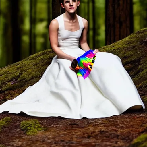 Image similar to photo of emma watson wearing a rainbow wedding gown sitting in a forest