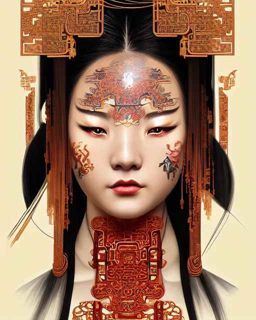 Image similar to portrait of a machine, machine face, upper half portrait, decorated with chinese opera motifs, asian, bian lian, traditional chinese art, intricate, elegant, highly detailed, symmetry, digital painting, artstation, concept art, smooth, sharp focus, illustration, art by artgerm and greg rutkowski and alphonse mucha, 8 k