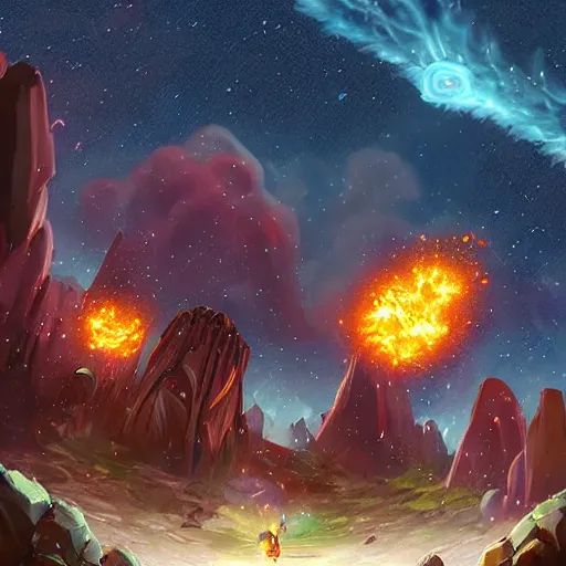 Image similar to giant fiery rocky asteroid rain, meteor shower, hearthstone art style, epic fantasy style art, fantasy epic digital art, epic fantasy card game art