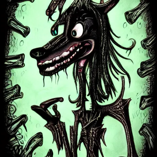 Image similar to dark art cartoon grunge drawing of a dobermann by tim burton - loony toons style, horror theme, detailed, elegant, intricate, trending on art station