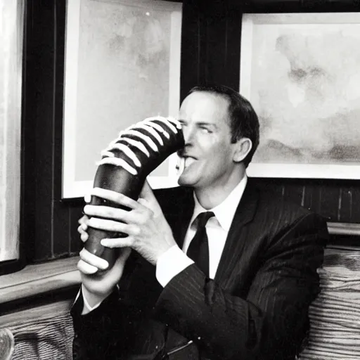 Prompt: a ceo eating a very large hot dog, photograph, sepia