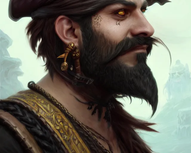 Prompt: close up of a pirate face, beard, smirk, black hair, face tattoo, deep focus, d & d, fantasy, intricate, elegant, highly detailed, digital painting, artstation, concept art, matte, sharp focus, illustration, hearthstone, art by artgerm and greg rutkowski and alphonse mucha