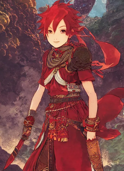 Image similar to character portrait of the ruby herald at the volcano temple, hidari, color page, tankoban, 4K, tone mapping, Akihiko Yoshida.