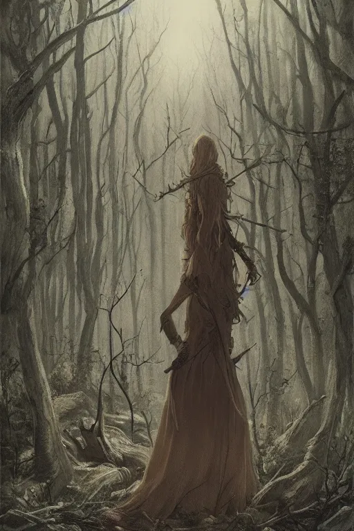 Image similar to Witch coven in the forest, horror, illustrated by Greg Rutkowski and Caspar David Friedrich., Trending on artstation, artstationHD, artstationHQ, 4k, 8k