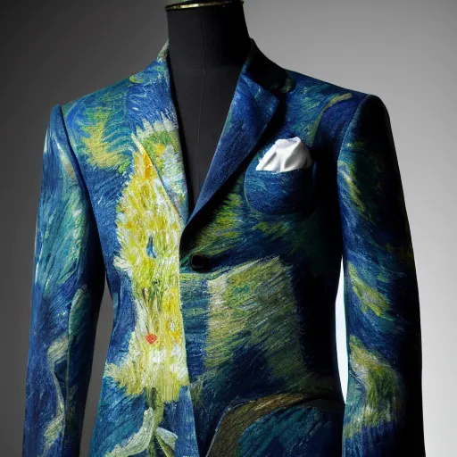 Image similar to a beautiful suit made out of a van gogh painting, on a mannequin. studio lighting, high quality, high resolution