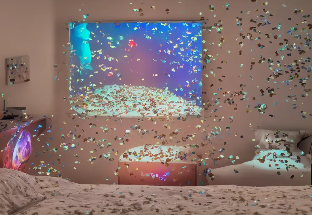 Prompt: 3 d fishes popping out of curved movie screen floating in bedroom, volumetric lighting, sleeping, pair of keycards on table, bokeh, creterion collection, shot on 7 0 mm, instax