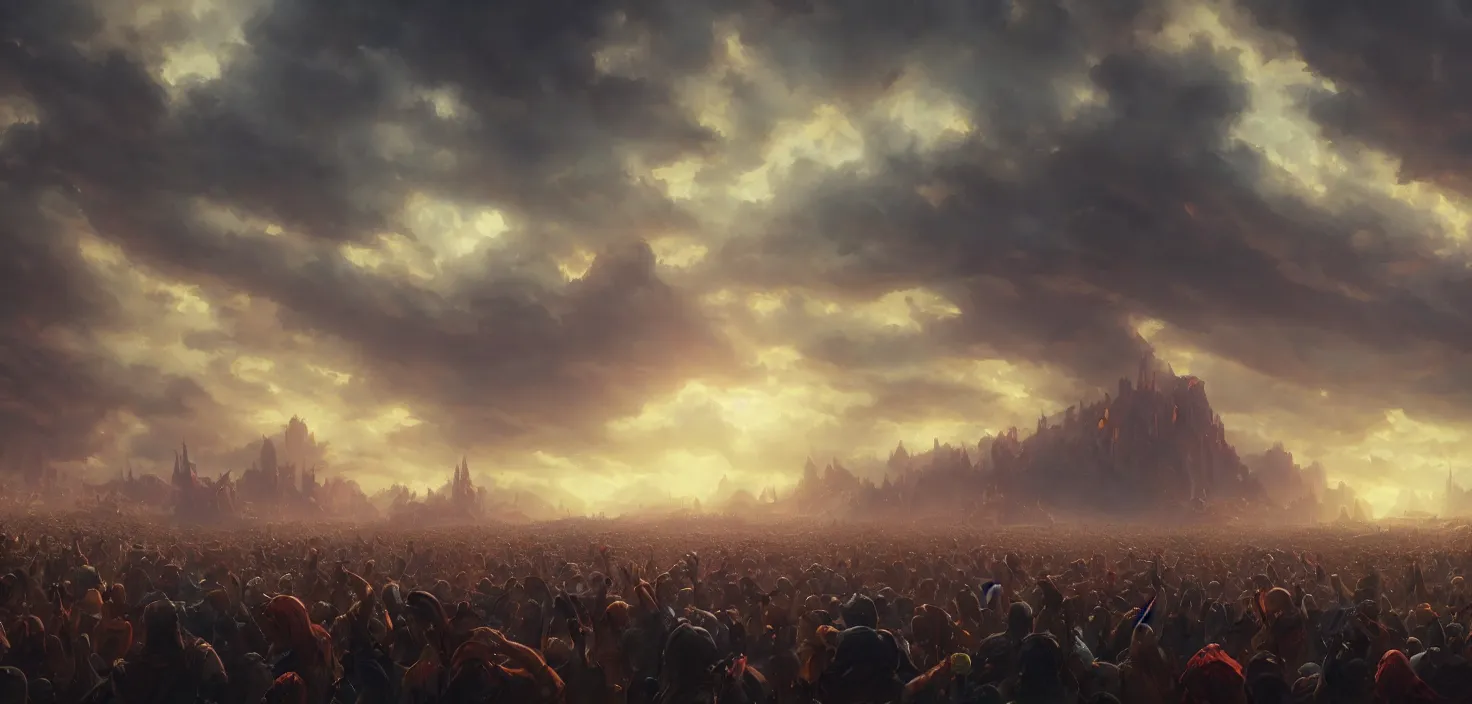 Image similar to painting of a crowd with raised arms pointing toward, cinematic view, epic sky, detailed, concept art, low angle, high detail, warm lighting, volumetric, godrays, vivid, beautiful, trending on artstation, by jordan grimmer, huge scene, art greg rutkowski