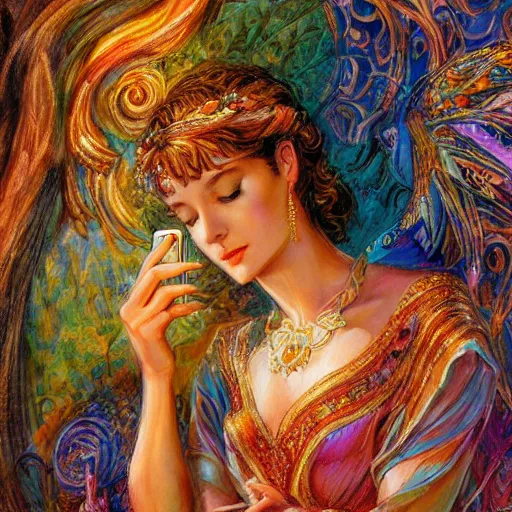 Image similar to a goddess checking her phone by senior concept artist josephine wall, high resolution trending on art station