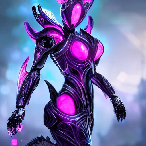 Image similar to highly detailed exquisite fanart, of a beautiful female warframe, but as an anthropomorphic robot dragon with glowing purple eyes, shiny silver armor with fuchsia accents, engraved, elegant pose, close-up shot, full shot, epic cinematic shot, sharp claws for hands, professional digital art, high end digital art, singular, realistic, DeviantArt, artstation, Furaffinity, 8k HD render