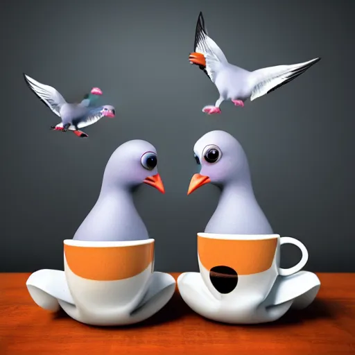 Prompt: pigeon couple drinking a cup of coffee on dark background, 3d render by Pixar, raytracing