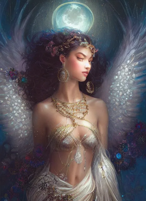 Image similar to A beautiful digital painting of a female angel full of jewels, princess, the moon behind her, intricate, cinematic lighting, highly detailed, digital painting, Artstation, concept art, smooth, sharp focus, illustration, art by Tom Bagshaw, Artgerm and Greg Rutkowski