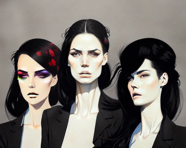 Image similar to a ultradetailed portrait painting of three women in black suits, by conrad roset, greg rutkowski and makoto shinkai trending on artstation