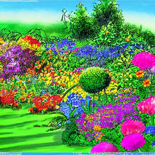 Prompt: a patent drawing of a gorgeous garden on the edge of a cliff filled with beautiful flowers of all colors and from all around the world