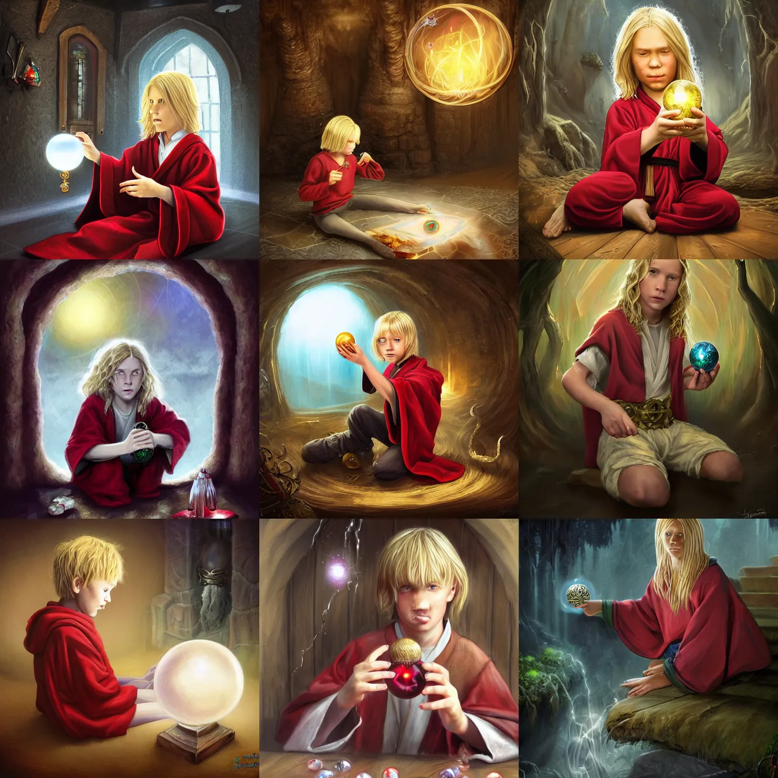 Prompt: Portrait of a 12 year old white boy with blond medium length hair, sitting on the floor, wearing red sorcerer's robes, holding a crystal ball in his hands and gazing into it, inside of a cabin, Dungeon's & Dragons, DeviantArt Artstation, matte fantasy painting, by Jason Felix by Steve Argyle by Tyler Jacobson by Peter Mohrbacher, cinema