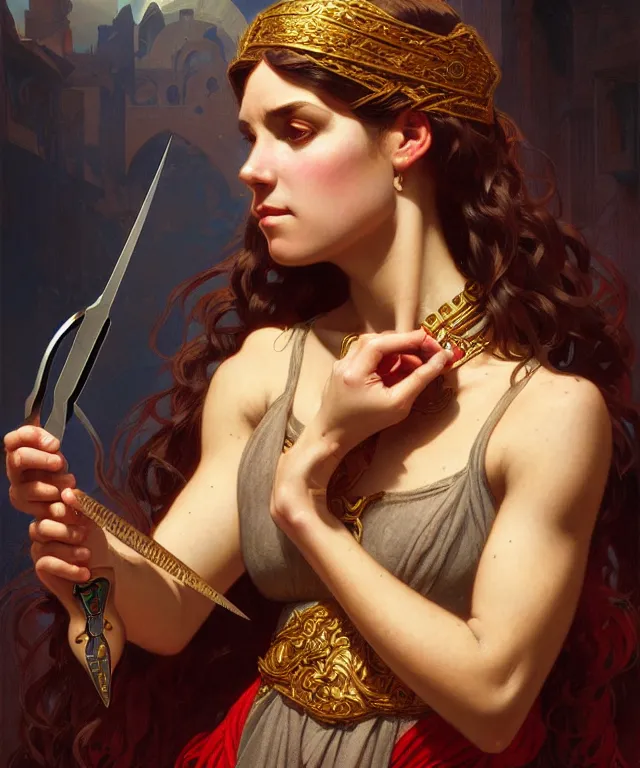 Image similar to portrait of biblical delilah holding a lock of hair and medieval shear scissors, intricate, headshot, highly detailed, digital painting, artstation, concept art, sharp focus, cinematic lighting, illustration, art by artgerm and greg rutkowski, alphonse mucha, cgsociety