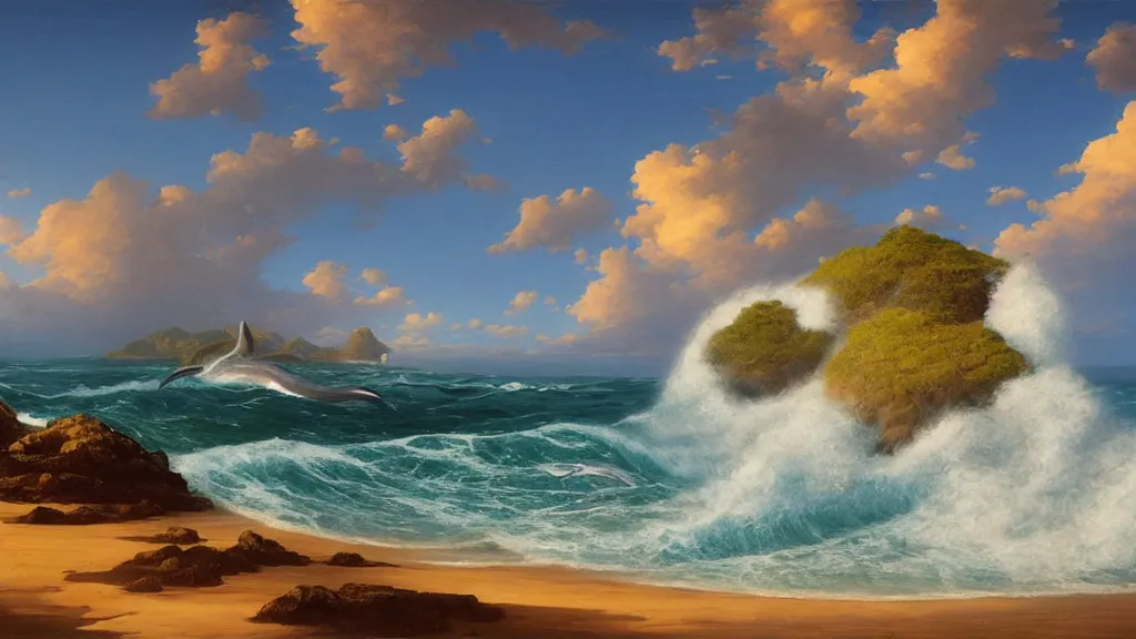 Prompt: first person view of breaking waves on the shore, summer, clear beautiful sky, bright sky, dolphins 🐬 swimming, peaceful, amazing, by andreas rocha and john howe, and Martin Johnson Heade, featured on artstation, featured on behance, golden ratio, ultrawide angle, f32, well composed