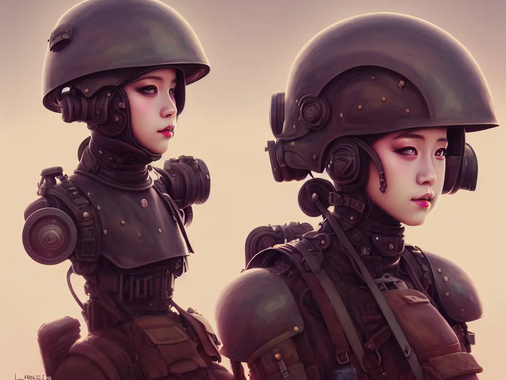 Image similar to portrait blackpink jisoo of dieselpunk soldier girl, helmet, desert, armored, highly detailed, digital painting, face detail, sharp focus, art, illustrations by loish and ayanamikodon and irakli nadar and rossdraws and wlop