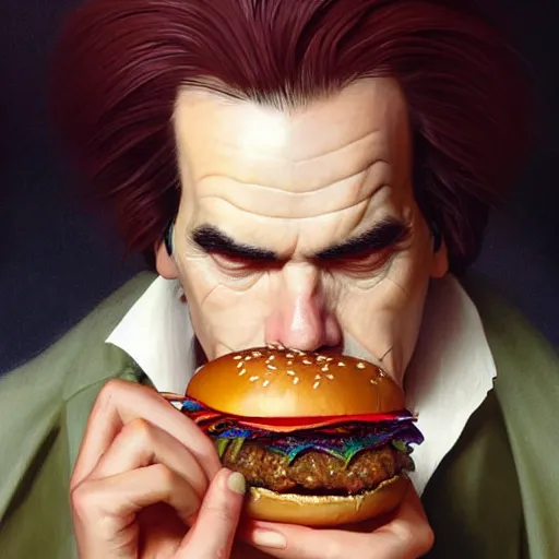 Prompt: portrait of nick cave eating hamburgers, extra onions and ketchup, luscious patty with sesame seeds, feminine ethereal, handsome, d & d, fantasy, intricate, elegant, highly detailed, digital painting, artstation, concept art, matte, sharp focus, illustration, art by artgerm and greg rutkowski and alphonse mucha