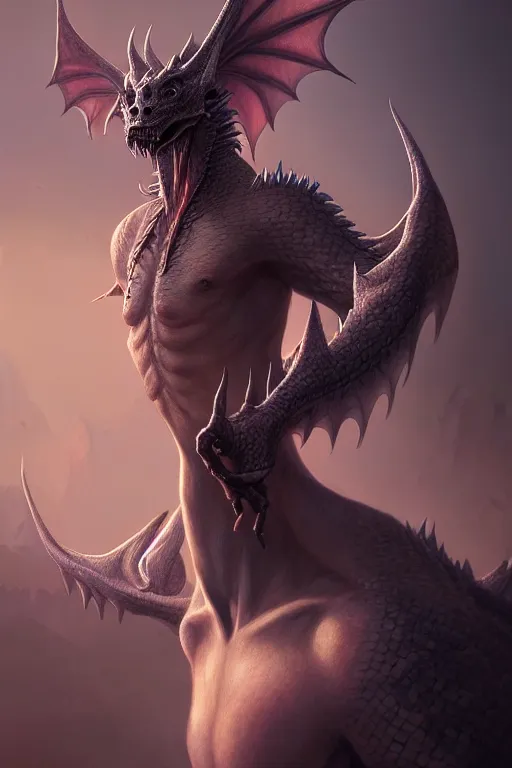 Image similar to human - dragon hybrid, highly detailed, d & d, fantasy, highly detailed, digital painting, trending on artstation, concept art, sharp focus, illustration, global illumination, shaded, art by artgerm and greg rutkowski and fuji choko and viktoria gavrilenko and hoang lap