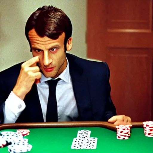 Image similar to Emmanuel Macron, playing poker with the devil, in American Psycho (1999)