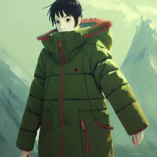 Image similar to concept art of a big puffer jacket with caterpillar patterns, green japanese street fashion, gapmoe yandere grimdark, trending on pixiv fanbox, painted by greg rutkowski makoto shinkai takashi takeuchi studio ghibli, akihiko yoshida