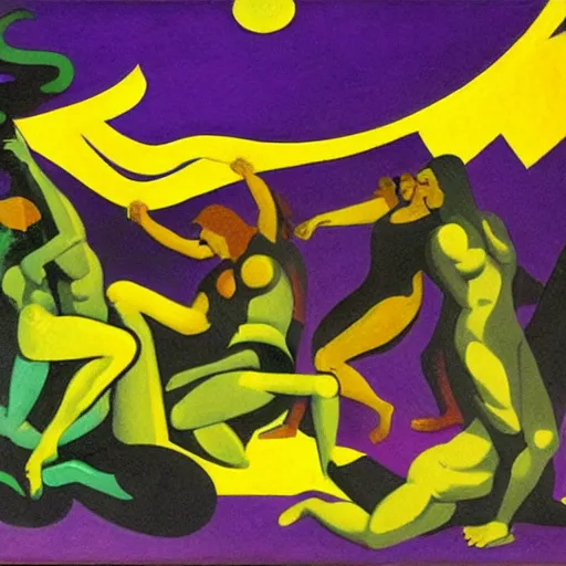 Image similar to oil on masonite painting by aaron douglas of a scene from greek mythology of medusa, green yellow and purple