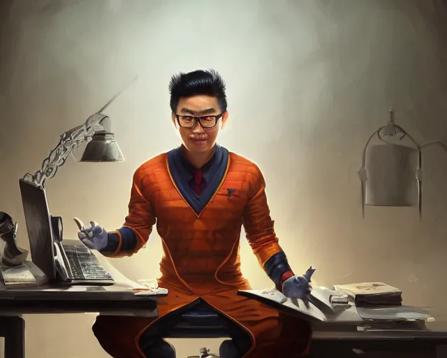 Image similar to an insanely detailed painting of a nerdy asian man wearing a superhero costume, sitting at a desk, staring at the nervously at the computer and typing, in the style of peter mohrbacher, dramatic lighting and composition, surreal background, octane render, pixar, trending on artstation, concept art, comic book, view from behind