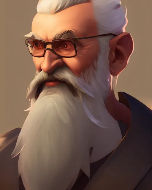 Image similar to overwatch concept art character portrait of a new character who is an elderly man with a long curly blue beard and spectacles, trending on artstation, cgsociety,