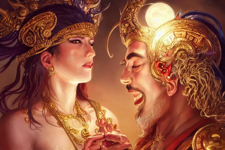 Image similar to close up moment of a divine a sun god and a moon goddess lovers magician at a wedding banquet, highly detailed, d & d, fantasy, highly detailed, digital painting, trending on artstation, concept art, sharp focus, illustration, art by artgerm and greg rutkowski and magali villeneuve