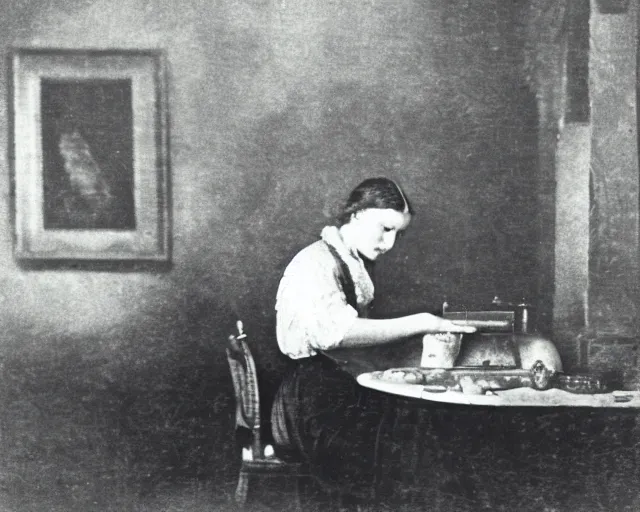 Image similar to an early 1800s photo of someone sitting at a computer making a donut in blender