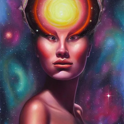Image similar to A beautiful painting of a female cosmic being with a nebula as its body by Jim Burns, Trending on artstation.