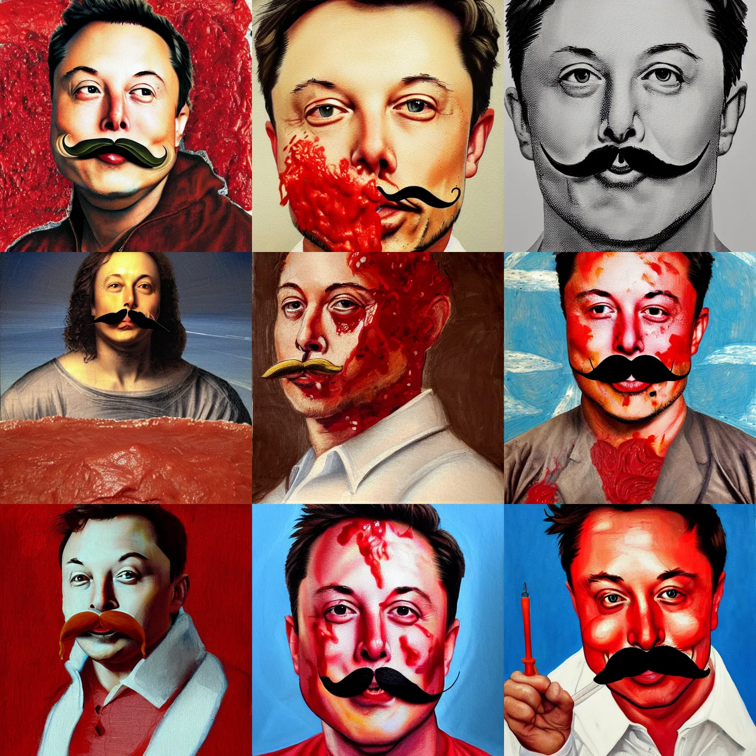 Prompt: a painting of elon musk with a mustache covered in tomato sauce. he is saying'mamma mia '. by leonardo da vinci. trending on artstation