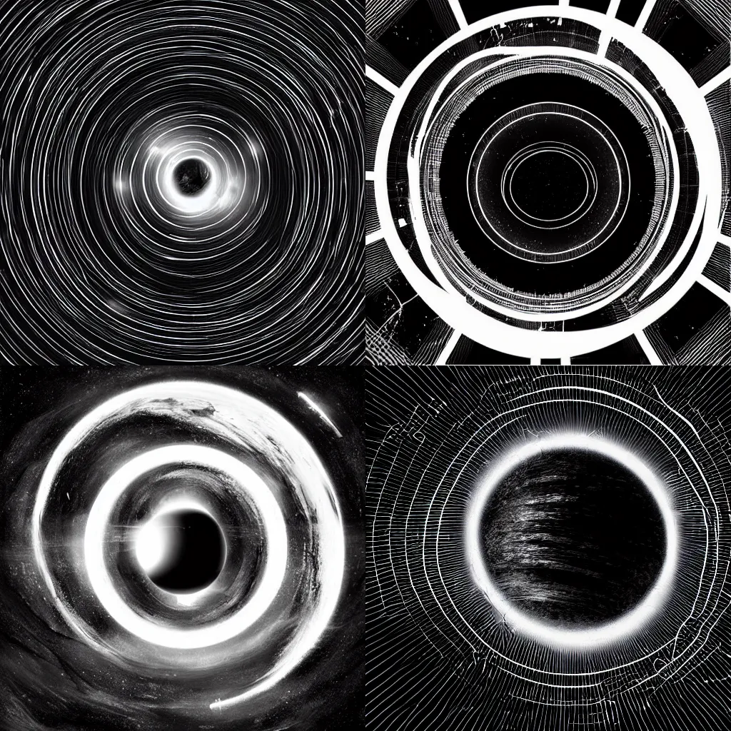 Prompt: logo black hole with accretion disk rises above the city destroying it with a shockwave, vector art, digital art, black and white, art by greg rutkowski