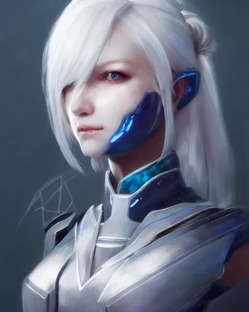 Image similar to perfect white haired girl, warframe armor, beautiful, dreamy, portrait, highly detailed, digital painting, trending on artstation, concept art, sharp focus, illustration, pretty face, blue eyes, scifi platform, front lit, laboratory, experiment, masterpiece, art by masayoshi tanaka, akihiko yoshida, kazuya takahashi