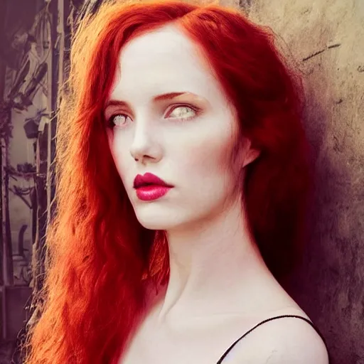 Image similar to tall woman, lithe goddess, soft red hair, fair skin, art nouveau, flushed cheeks, pink lips, beautiful, grecian goddess, aphrodite, atmospheric