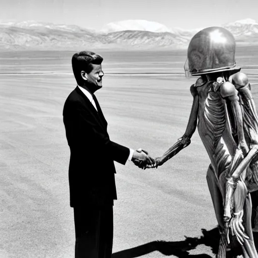 Prompt: archive footage still of John F Kennedy shaking hands with an alien in front of Area 51 at mid day