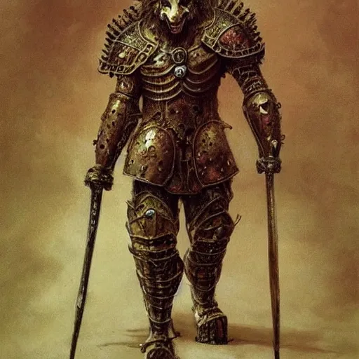 Image similar to were lion warrior concept art, lion headed, armored arms, armored legs, wearing ancient armor, beksinski