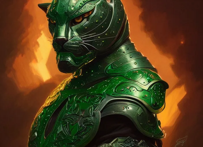 Image similar to portrait of a green panther, d & d, armour! fantasy, intricate, elegant, highly detailed, digital painting, artstation, concept art, smooth, sharp focus, illustration, art by artgerm and greg rutkowski and alphonse mucha