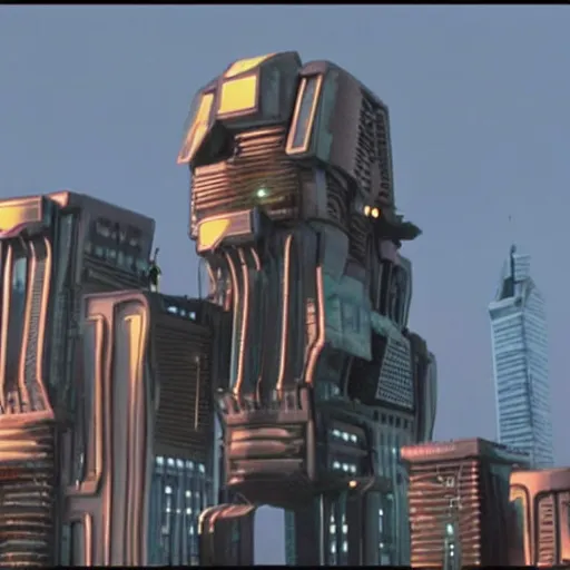 Prompt: giant building, move like robot, sci fi, style of The Fifth Element