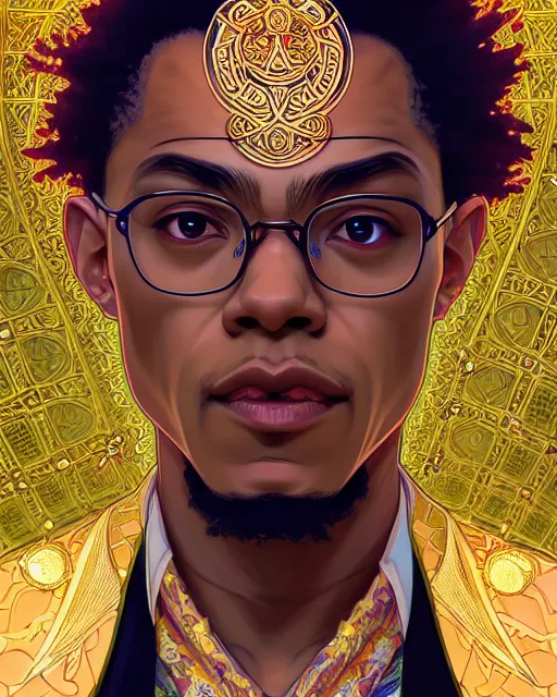 Image similar to symmetry!!!!!! beautiful malcolm x anime summer speaker close portrait, wearing ornate clothing, ultra detailed, elegant, intricate, anime, dynamic lighting, dnd, glowing lights, digital art, digital painting, artstation, wlop, sharp focus, illustration, art by artgerm and greg rutkowski and alphonse mucha, 8 k