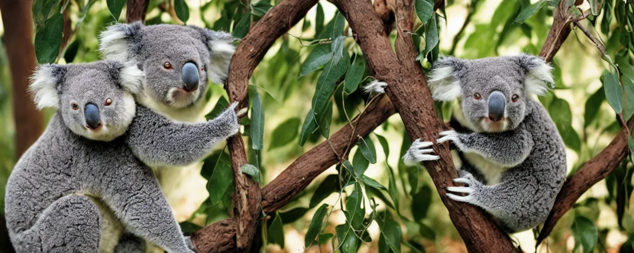 Image similar to 1 koala eating spaghetti from a tree, in the style of national geographic, canon 5 0 mm, film, kodachrome, retro, muted