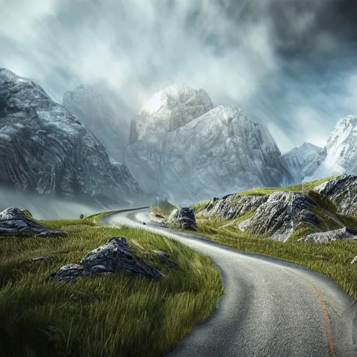 Image similar to high alpine landscape with windy road, unreal engine, high quality digital art, dramatic lighting, photo realism