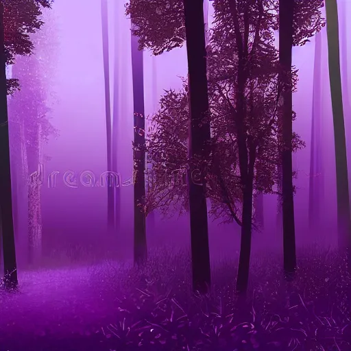 Prompt: Foggy violet woods with fireflies flying around. Video game artbook illustration.