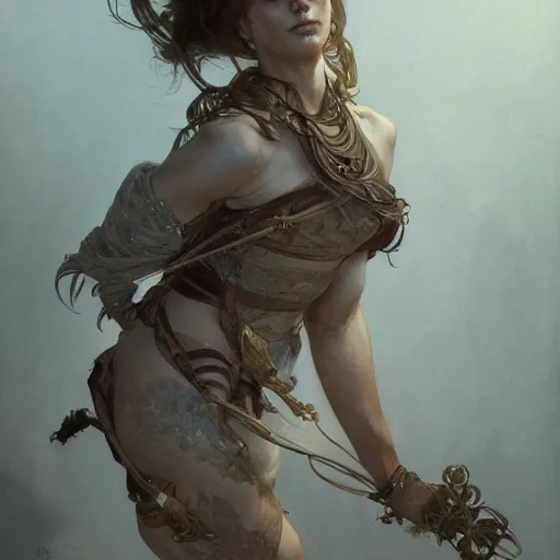 Prompt: a full body portrait of sensual injured girl warrior, intricate, elegant, highly detailed, digital painting, artstation, concept art, smooth, sharp focus, illustration, art by krenz cushart and artem demura and alphonse mucha