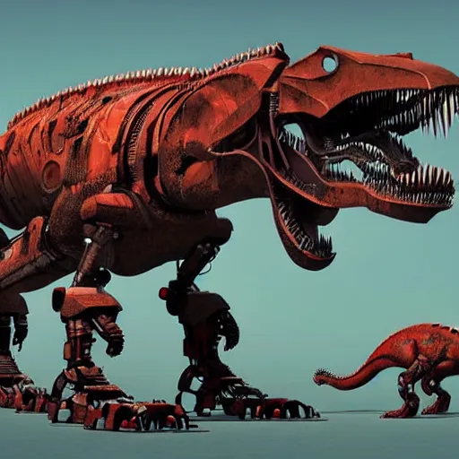 Image similar to a character art rendering of a robot T-rex made of mechanical parts, cartoonish psychedelic paleoart rendering, realistic dinosaur cyborg in the style of simon stålenhag, made with zbrush