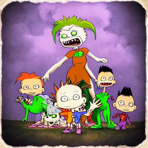 Image similar to “ the rugrats as monsters, gothic horror style, lens flare, award winning, hd 4 k ”