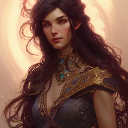 Image similar to full portrait of beautiful paladin elf man with long wavy dark hair, intricate, elegant, highly detailed, digital painting, artstation, concept art, smooth, sharp focus, illustration, art by Krenz Cushart and Artem Demura and Alphonse Mucha,